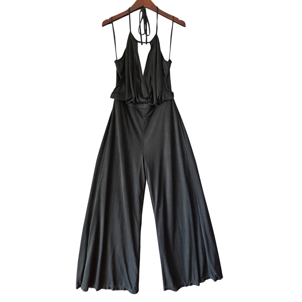 TJD Black Ribbed Halter Neck Wide Leg Jumpsuit Palazzo Pants‎ Women's Size S